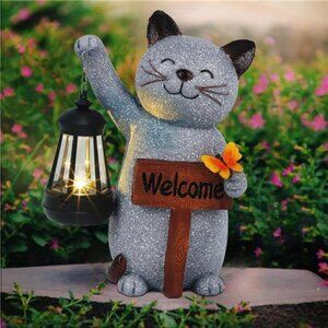 Garden Statue Solar Cat Figurine with Lantern, 10" Resin Kitten Outdoor Lawn